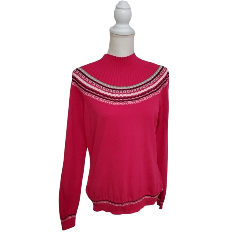 Izod Vintage Pink Mock Neck Fair Isle Sweater, Size Large